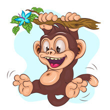Joyful Cartoon Monkey. A Colorful Illustration Of A Cartoon Monkey Swinging On A Tree Branch. Cartoon Mascot. Positive And Unique Design. Children's Illustration. 