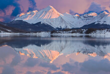 Beautiful View Of Lake Campotosto In The Mountain Area Of Gran Sasso Italy During Winter Sunset