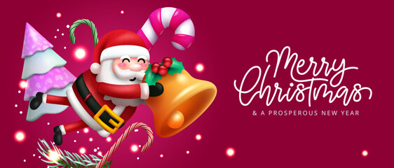 christmas greeting vector design. merry christmas text with floating santa claus character, candy ca