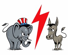 Cartoon Style Angry Elephant And Donkey Characters. Isolated On White Background.