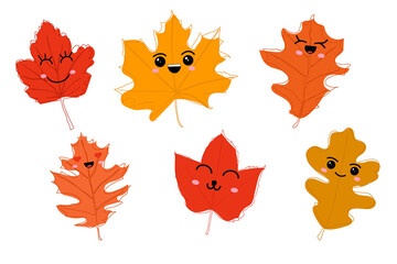 Wall Mural - Set of autumn leaves in kawaii style. Vector illustration isolated on white background.