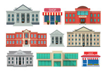 Set Of Buildings Icons. Front View Of Bank, Shop, School, Court House, University Or Governmental Institution. Vector Illustratio Of Exterior Facade Building Isolated On White Background.