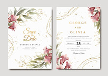 Wedding Invitation Template With Red Floral And Gold Leaves