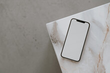Flatlay Mobile Phone On Marble Table. Aesthetic Elegant Blog, Online Shopping, Online Store, Social Media Branding Template With Blank Copy Space