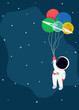 Astronaut floating with planets like balloons in cute flat cartoon style. Vector illustration for kids birthday party 5x7 invitation card design, banner, cover,fabric,poster, copy space for your text.