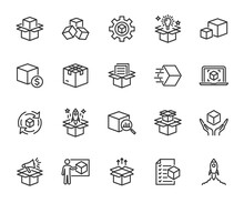 Vector Set Of Abstract Product Line Icons. Contains Icons Product Release, Module, Presentation, Product Development, Packaging, Cost, Product Launch And More. Pixel Perfect.