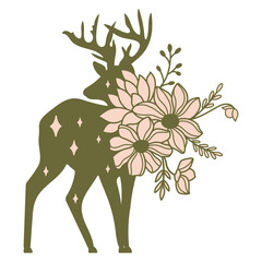 Wall Mural - Wildflowers deer green silhouette. Celestial mystical florals wild animal vector illustration
