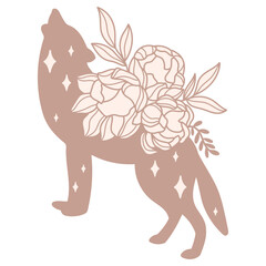 Wall Mural - Wildflowers wolf beige silhouette. Celestial mystical florals wild animal vector illustration
