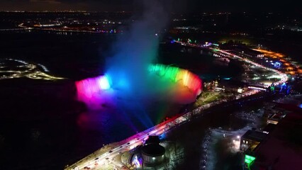 Wall Mural - Aerial view of Horseshoe Falls winter illumination in twilight time. Niagara Falls City downtown horizon. Stunning landscape dusk to night.