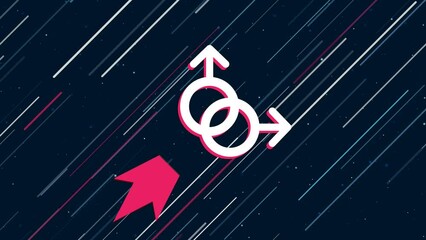 Poster - Homosexual symbol flies through the universe on a jet propulsion. The symbol in the center is shaking due to high speed. Seamless looped 4k animation on dark blue background with stars