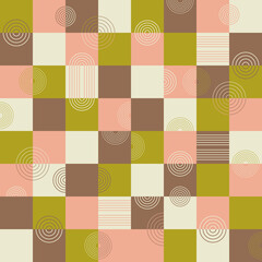Poster - Geometric pattern of squares. There are circles on top of the squares. Composition of squares and striped circles abstract for print and interior.