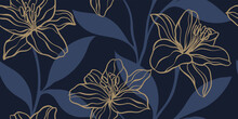 Seamless Pattern Of Creative Minimalist Hand Draw Illustrations Floral Outline Lily And Shape Leaves On Dark Blue Background. Horizontal Wall Decoration, Banner Or Vintage Brochure Cover Design