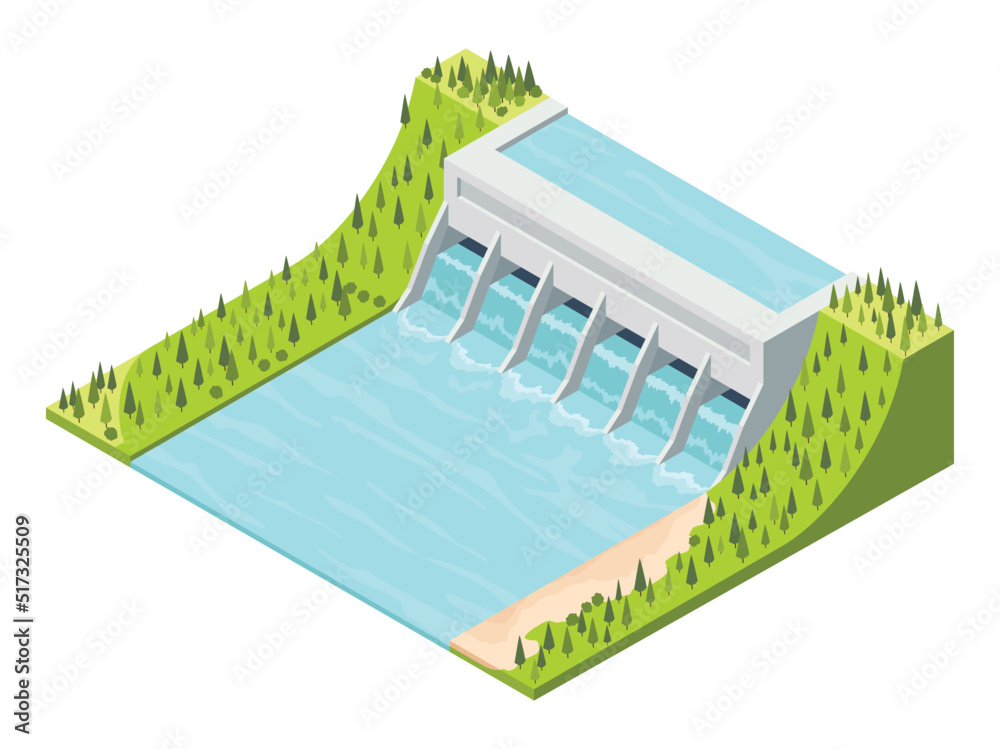 Hydro power isometric. Hydroelectric power plant. Alternative energy ...
