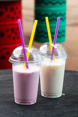 Poster - two milkshakes with banana and strawberry, vanilla milkshakes