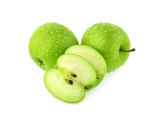 Wall Mural - green apple with drop of water isolated on white background.