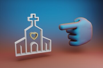 Poster - Beautiful illustrations abstract Hand index finger points to Wedding Church with heart symbol icon on a multicolor bright background. 3d rendering illustration. Background pattern for design.