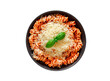 Fusilli pasta, cooked with tomato sauce, grated parmesan and basil, isolated on white background with clipping path.