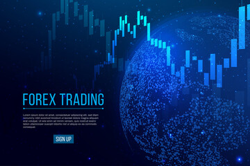 Forex trading banner. Candle stock graph chart with planet Earth. Stock market investment concepts. Global trading on blue background. Vector illustration