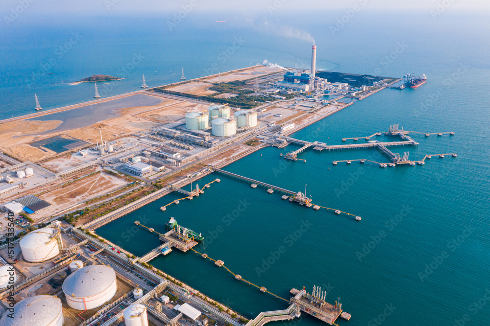 Aerial view of Oil refinery and Modern sea harbor with transhipment ...