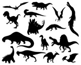 Fototapeta Dinusie - Dinosaur silhouettes set. Dino monsters icons. Shape of real animals. Sketch of prehistoric reptiles. Vector illustration isolated on white. Hand drawn sketches