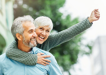 Wall Mural - woman man outdoor senior couple happy lifestyle retirement together smiling love piggyback active ma