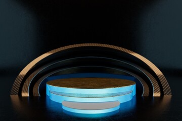 Poster - abstract background. beautiful illuminated blue neon light pedestal for placing product ads or text with a golden arch on a black background. 3d illustration. 3d render
