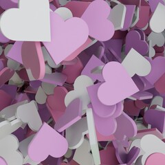 Poster - abstract background consisting of patterns of scattered small pink, purple and white hearts. 3d render. 3d illustration
