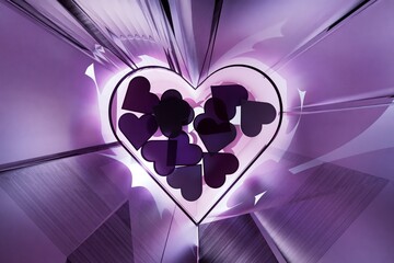 Poster - abstract background. a big heart illuminated with neon light on a purple background inside which are small purple hearts. 3d illustration. 3d render