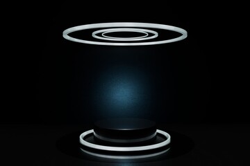Poster - abstract background. a tunnel platform for placing an advertising product from above and below, illuminated by a beautiful white neon light, inside which is a blue luminous ball.3d render.illustration