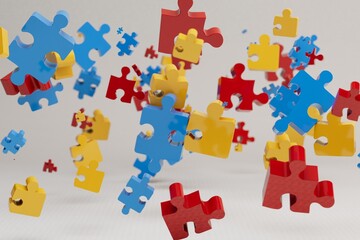 Poster - abstract background. small multi-colored jigsaw puzzle pieces of different shapes flying over a white textured background. 3d render. 3d illustration
