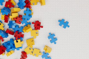 Poster - abstract background. small multi-colored puzzle pieces of different shapes on a white textured background with a place for a signature. 3d render. 3d illustration