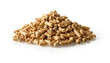 Heap of wood pellets isolated on a white background. Pile of compacted sawdust granules cutout. Ecological biofuel made from compressed sawdust. Natural renewable energy concept. Closeup.