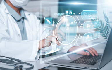 Medicine doctor touching screen with digital healthcare and network connection and hologram modern virtual screen interface icons, Medical technology and futuristic concept.