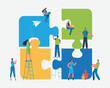 Teamwork successful together concept. Marketing content. Harmonious business people Holding the big jigsaw puzzle piece. Flat cartoon illustration vector graphic design on white background.