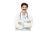 Fototapeta Na drzwi - Portrait happy indian male doctor with stethoscope standing cross arms looking at camera, healthcare and medical concept.