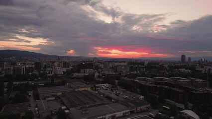 Wall Mural - City skyline with red sunset clouds in Sofia, Bulgaria