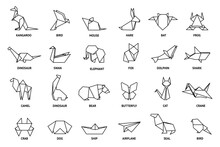 Origami Animals. Paper Figures. Crane Bird Icons. Fox And Dog Folded Shapes. Geometric Cat And Dolphin. Japan Swan Silhouette. Airplane And Ship. Modern Hobby. Vector Abstract Toys Set