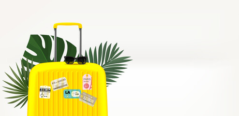 Sticker - Yellow travel suitcase and palm leaves and paper stickers. Summer travel concept. 3d vector banner with copy space