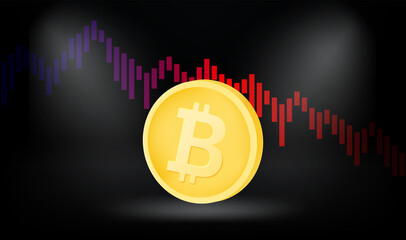 Poster - Bitcoin crisis concept with exchange rate graphic. Vector 3d illustration