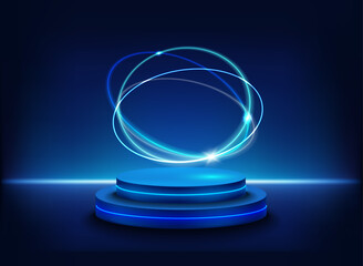 Aufkleber - illuminated studio with neon light, portal and podium. 3d vector illustration