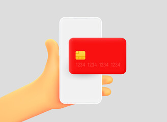 Aufkleber - Hand holding smartphone with credit card. 3d vector illustration
