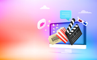 Aufkleber - Using computer for watching movies. 3d vector vertical banner with copy space