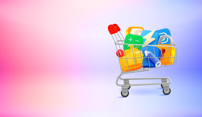 Aufkleber - Full trolley of mobile application icons. 3d vector banner with copy space