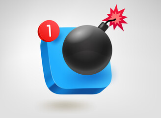 Poster - Bomb. 3d vector mobile application icon with notification