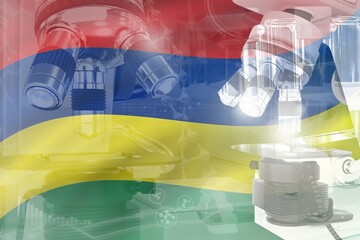 Wall Mural - Mauritius science development conceptual background - microscope on flag. Research in biochemistry or genetics, 3D illustration of object