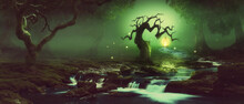 Mystischer Wald Mit Bach Und Krummen Bäumen Im Magischen Licht 