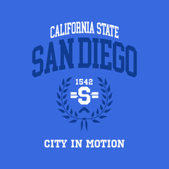 San Diego, California design for t-shirt. College tee shirt print. Typography graphics for sportswear and apparel. Vector illustration.
