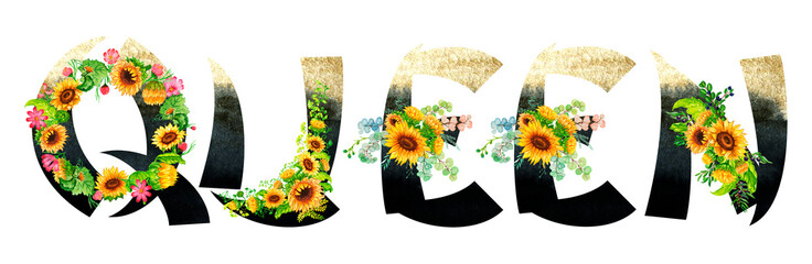 Collection watercolor English alphabet with gold black letters and sunflower bouquets on pastel background hand drawn.Suitable for poster print, print, design work, thank you card and wedding invitati