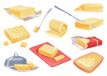 Butter, Margarine Or Spread, Natural Dairy Product In Lot Of Variation. Set Of Yellow Brick, Slices And Rolls. Fat, Calorie Natural Food For Breakfast, Eating And As Ingredient For Cooking