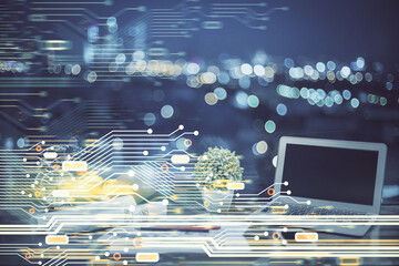 Poster - Double exposure of computer and technology theme hud. Concept of innovation.